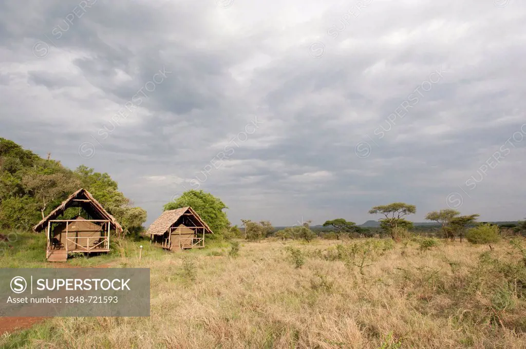 Ikoma Wild Camp, covered tents in the vast savannah, Serengeti National Park, Tanzania, East Africa, Africa