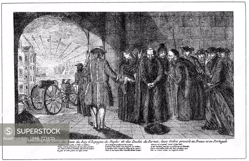 Historical illustration from the 19th Century, pamphlet from the 16th Century, the expulsion of the Jesuits from Spain, Portugal and Naples