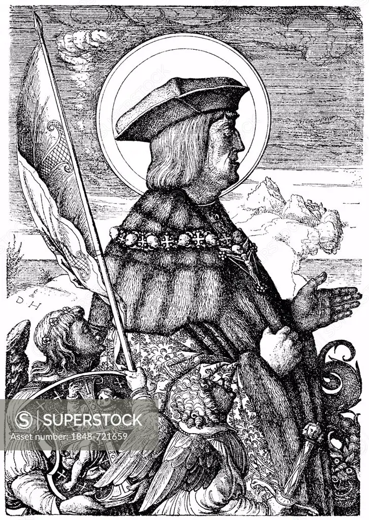 Historical illustration from the 19th Century, portrait of Maximilian I of Habsburg, 1459-1519, German king and emperor of the Holy Roman Empire