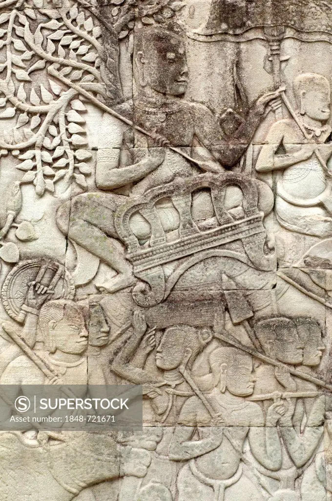 Depiction of scenes of a military parade of the army of Jayavarman VII, the commanders riding on elephants, bas-relief, exterior gallery, Bayon Temple...