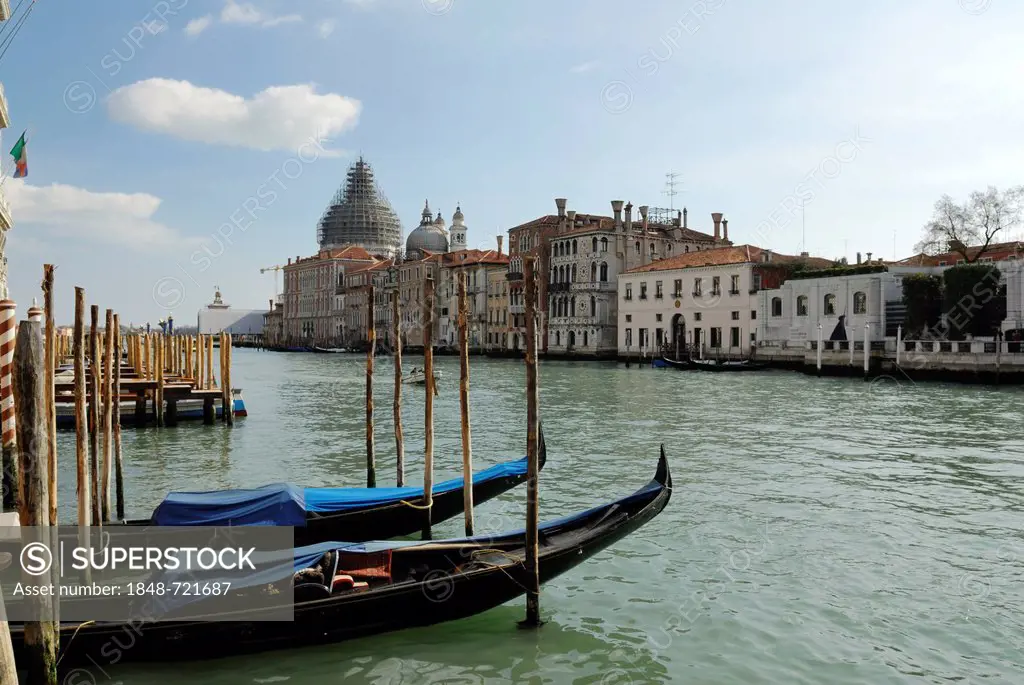 Gondolas, Grand Canal, Canal or Canale Grande, church of Santa Maria della Salute at back, Venice, Italy, Europe