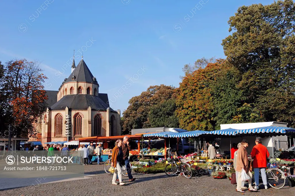 Market stalls in front of Ludgeri Church, Norden, East Frisia, Lower Saxony, Germany, Europe