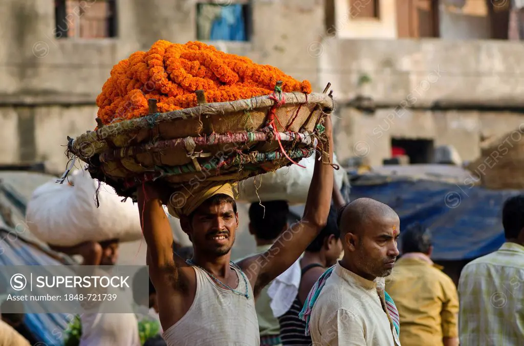 Flower garlands for sale at the flower market of Kolkata, West Bengal, India, Asia