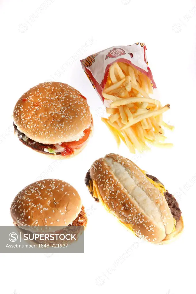 Fast food, various burgers and fries from Burger King