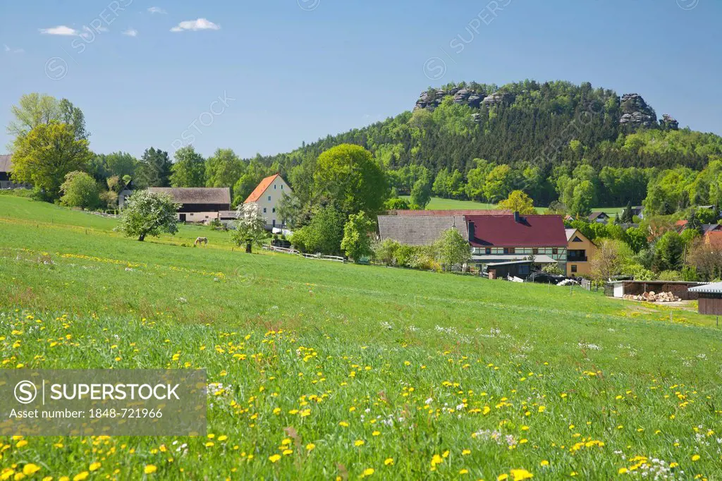Overlooking the village of Papstdorf with Gohrisch mountain, Elbe Sandstone Mountains, Saxony, Germany, Europe