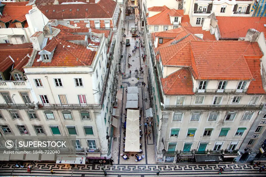 View from Elevador de Santa Justa, Santa Justa Elevator, over the historic lane of Rua de Santa Justa in the historic district of Baixa in Lisbon, Por...