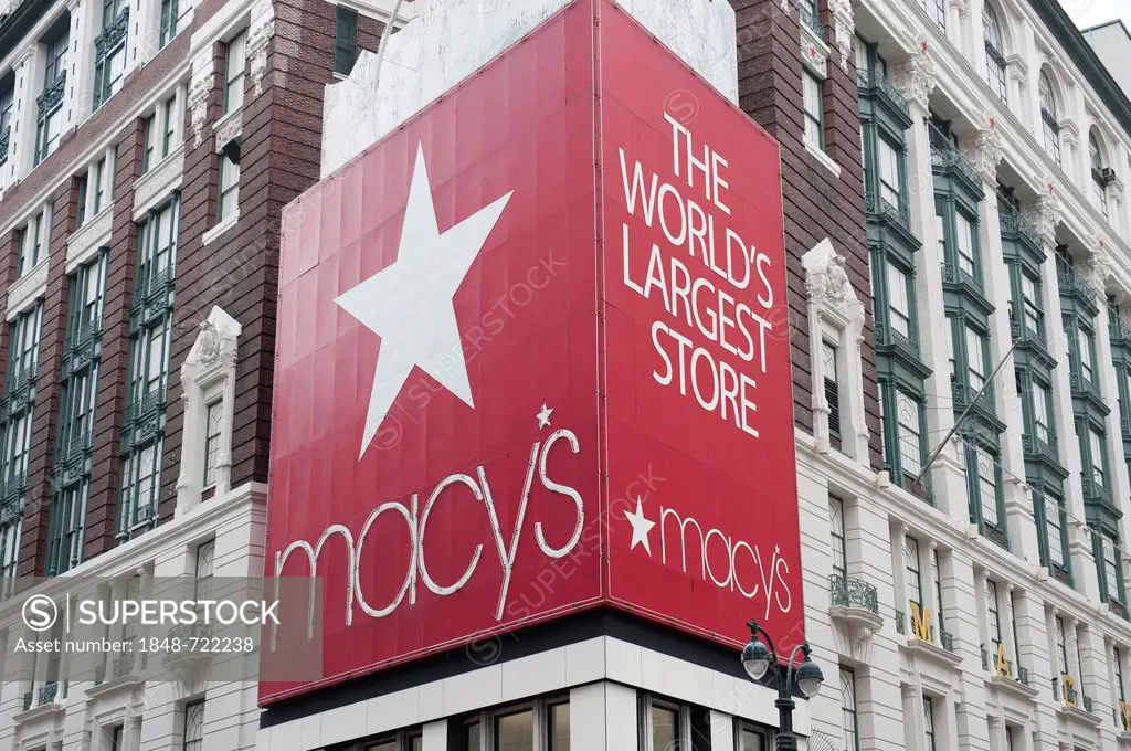 Advertising hoarding at a street corner, Macy's, traditional department store, Herald Square, intersection of Broadway and 6th Avenue, New York City, ...