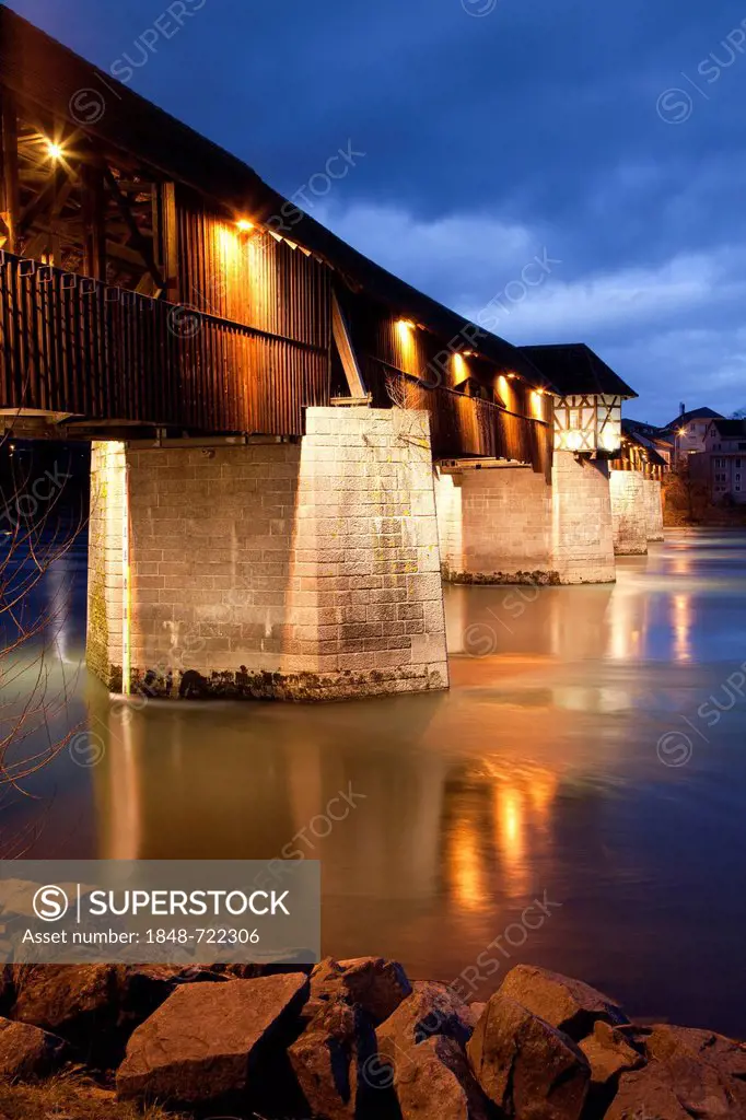 Covered wooden bridge crossing the Rhine River, Bad Saeckingen, Waldshut district, Upper Rhine, Black Forest, Baden-Wuerttemberg, Germany, Europe, Pub...