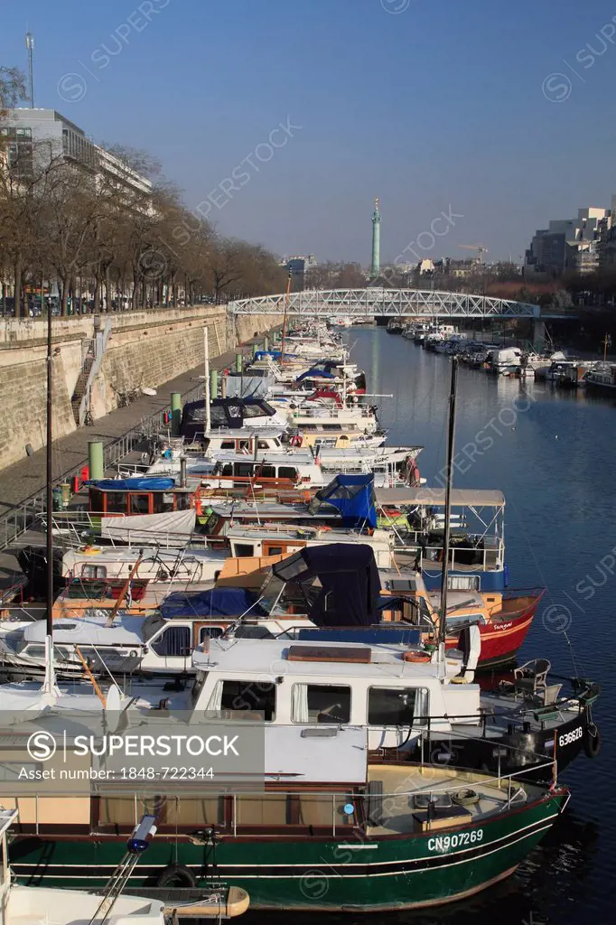 Canal with yachts between the Seine river and the Place de la Bastille, Paris, France, Europe