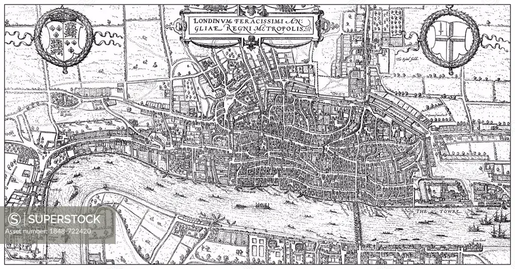 Historical drawing from the 19th century, map of London, England, 1575