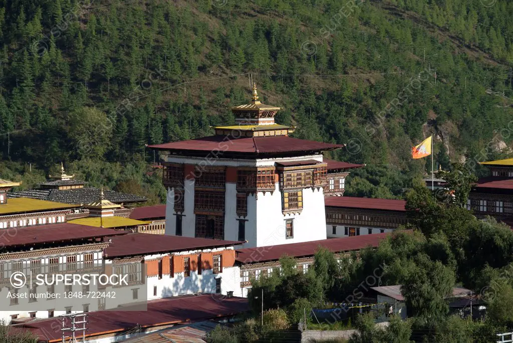 Central building of the Fortress Monastery of Trashi Chhoe Dzong, seat of government, Thimphu, capital city, Kingdom of Bhutan, South Asia, Asia