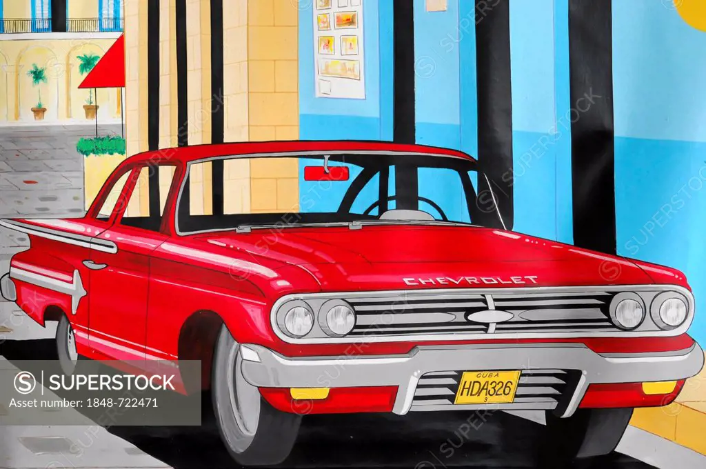 Paining of a vintage or classic car, souvenirs, Caya Coco, north coast, Cuba, Greater Antilles, Caribbean, Central America, America