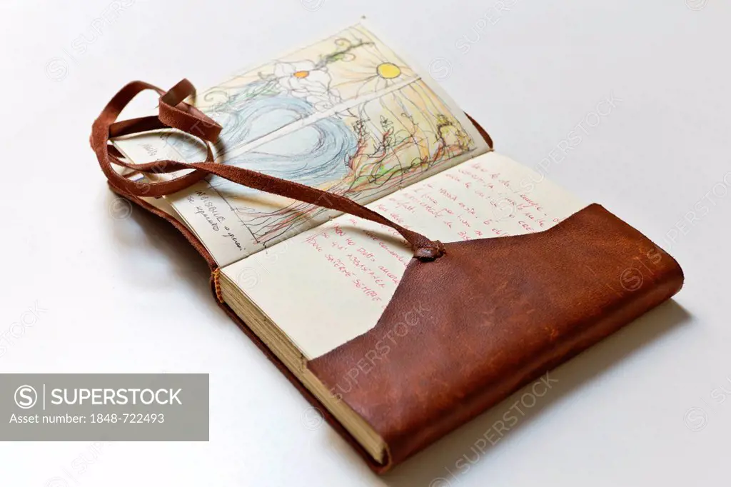 Handwritten and hand-painted old vintage leather sketch book, personal diary