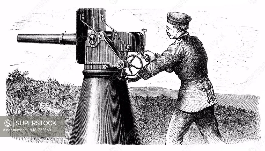 Historical illustration from the 19th Century, depiction of a German rapid-fire cannon, machine gun
