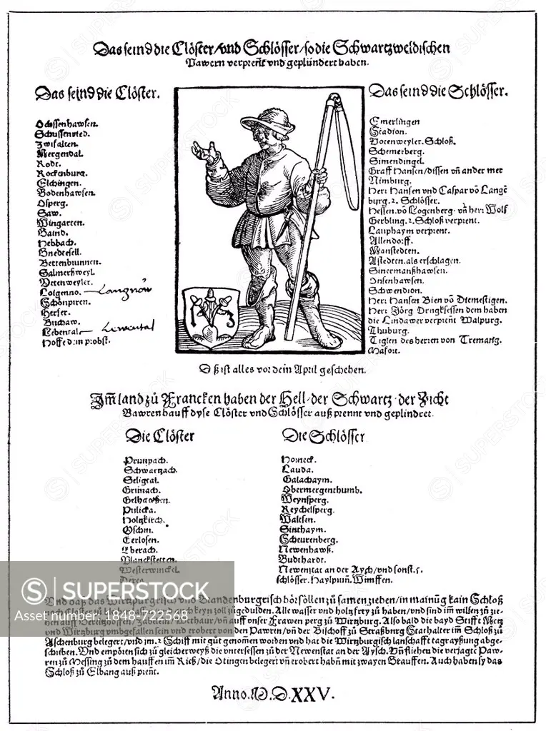 Historic illustration, leaflet from the Peasants' War, 1525, list of destroyed monasteries and castles