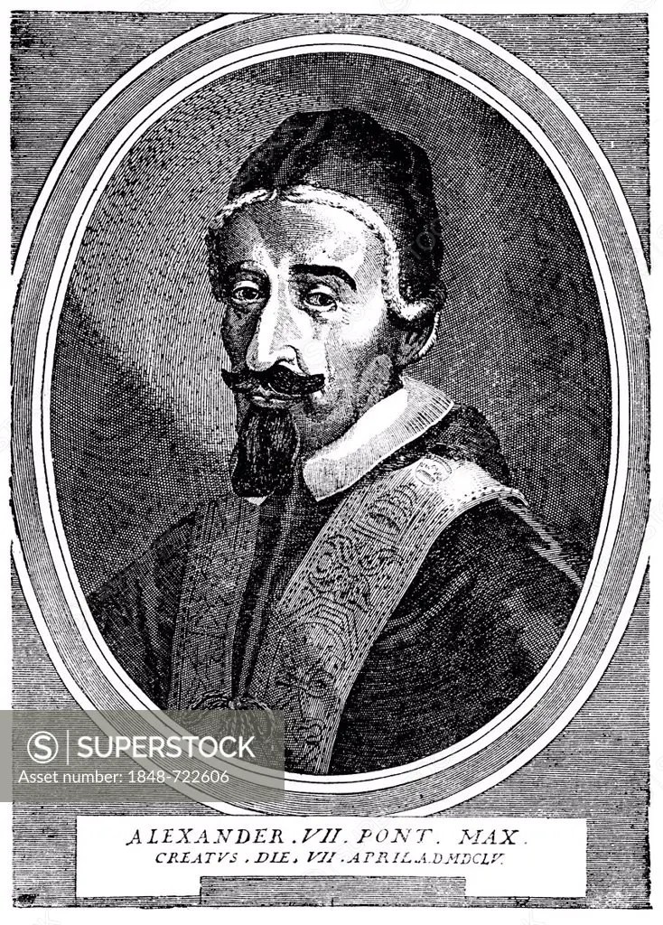 Historical illustration from the 19th Century, portrait of Alexander VII or Fabio Chigi, 1599 - 1667, Pope of the Catholic Church from 1655 to 1667