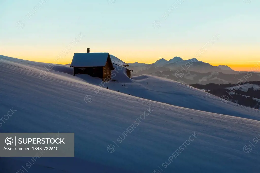 Small pasture near the high alp with views of Mount Rigi and Eastern Switzerland in winter, Appenzell, Swiss Alps, Switzerland, Europe, PublicGround