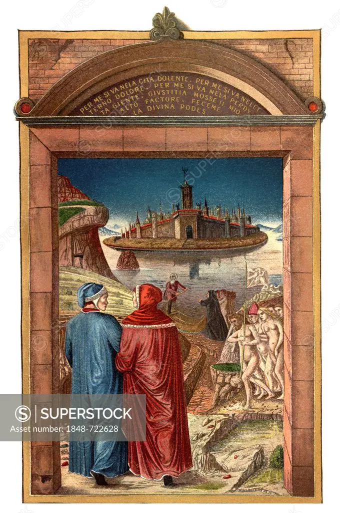 Historical illustration from the 19th Century, The Gate of Hell, purgatory and hell as an illustration after The Divine Comedy by Italian poet Dante A...