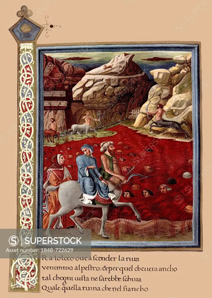 Historical illustration from the 19th century, the Centaur Nessus leading Dante and Virgil to ford along the river of blood in hell, illustration afte...