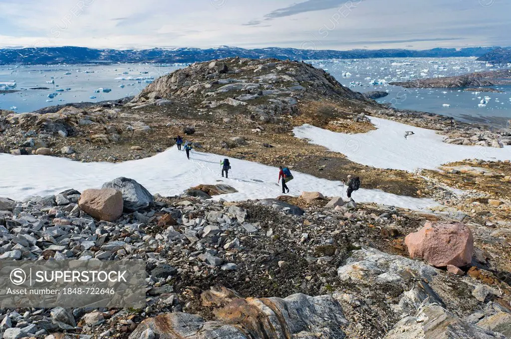 Group of hikers with a guide, icebergs near Tiniteqilaaq, Ammassalik Peninsula, at Sermilik Fjord, East Greenland, Greenland