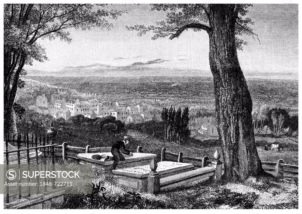 Historical illustration from the 19th Century, the churchyard cemetary of Harrow in England, based on a novella by George Gordon Noel Byron, 6th Baron...