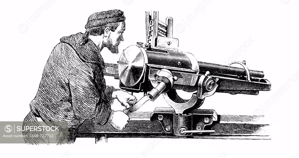 Historical illustration from the 19th Century, depiction of an American revolver cannon, machine gun