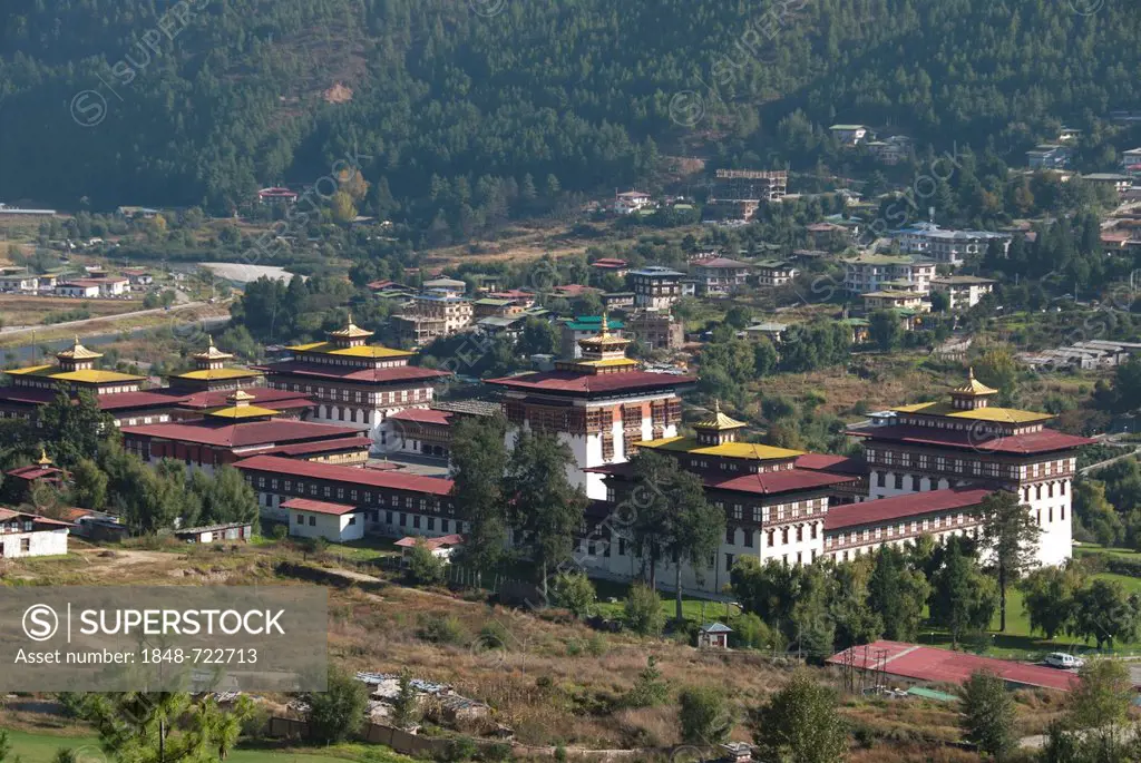 Fortress Monastery of Trashi Chhoe Dzong, seat of government, Thimphu, capital city, Kingdom of Bhutan, South Asia, Asia