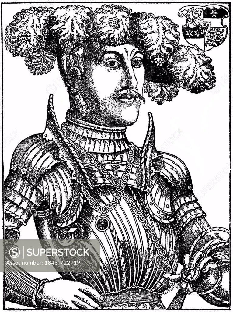 Historical illustration from the 19th Century, portrait of Philip I, the Magnanimous from the House of Hesse, 1504 - 1567, Landgrave of Hesse during t...