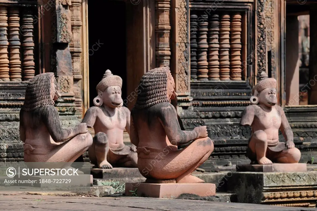 Stone guardian statues, temple, Banteay Srei, Angkor, Siem Reap, Cambodia, Southeast Asia