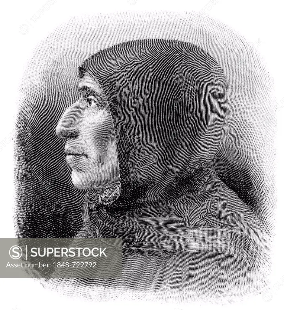 Historical illustration from the 19th century, portrait of Girolamo Hieronymus Savonarola, 1452 - 1498, an Italian Dominican and preacher of repentanc...