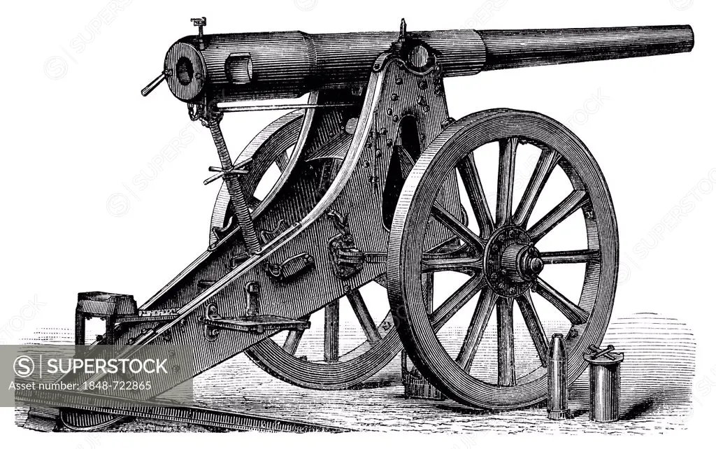 Historical illustration from the 19th Century, depiction of a German siege gun from Krupp