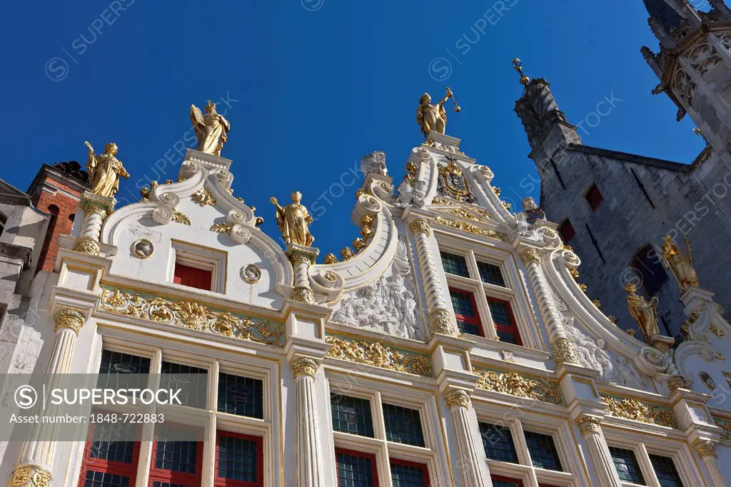 Gilded facade of Civiele Griffie, records office, with the statue of Justice, old town of Bruges, UNESCO World Heritage Site, West Flanders, Flemish R...