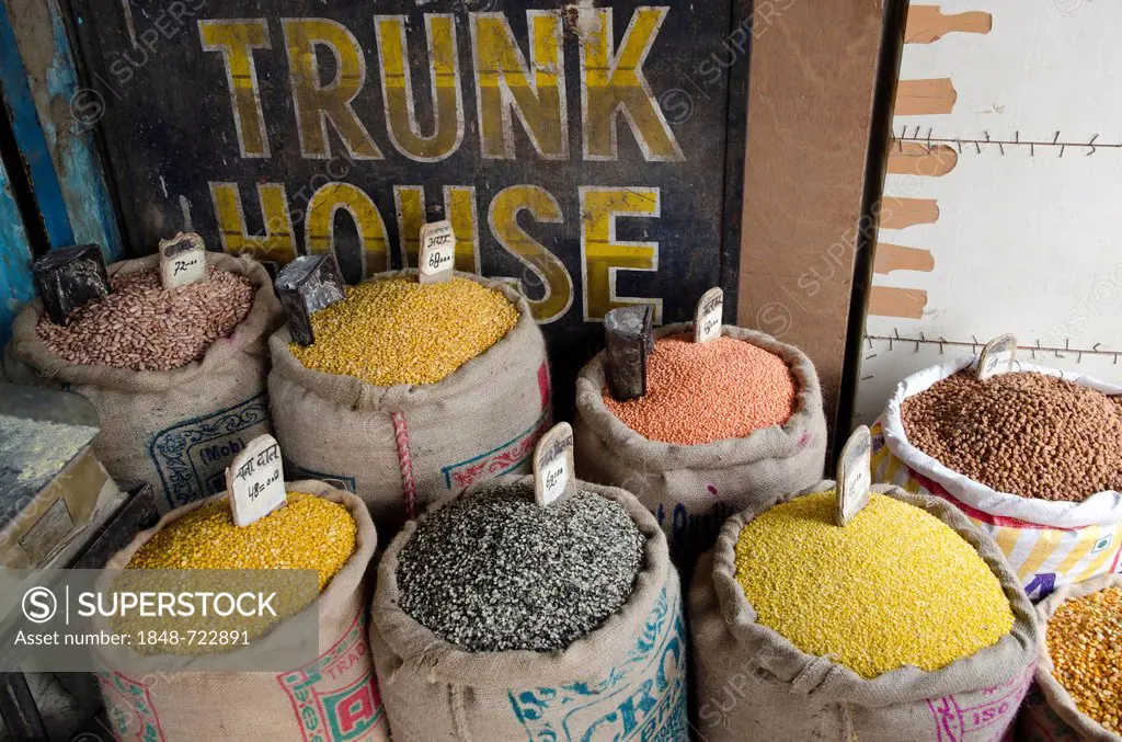 Moong Dhal, Urid Dhal and other types of lentils for sale on the market in the suburb of Paharganj, New Delhi, India, Asia