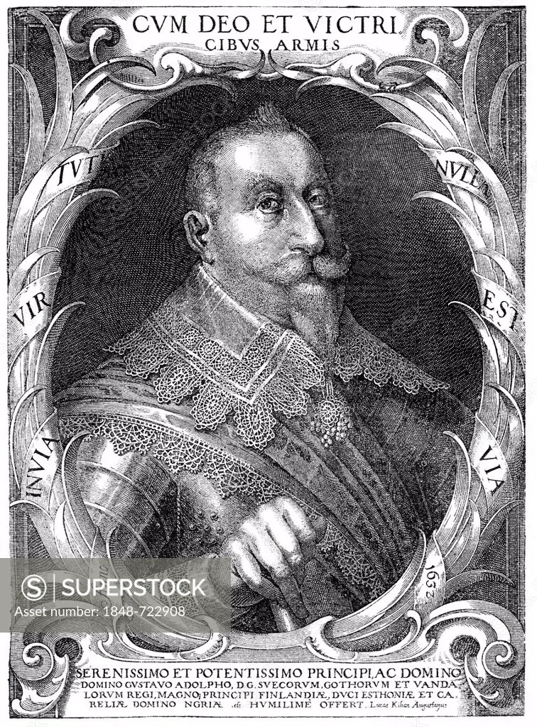 Historical illustration from the 19th Century, Gustav II Adolf, 1594 - 1632, King of Sweden from the ruling family of Vasa