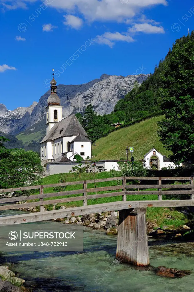 Ramsauer Ache and the Parish Church of St. Fabian and St. Sebastian, Ramsau, Berchtesgadener Land, Bavaria, Germany, Europe