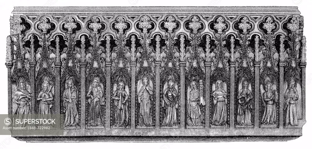 Historical drawing from the 19th Century, Cantoria or Minstrel's Gallery, a stone relief with twelve angels playing musical instruments, from 1340, St...