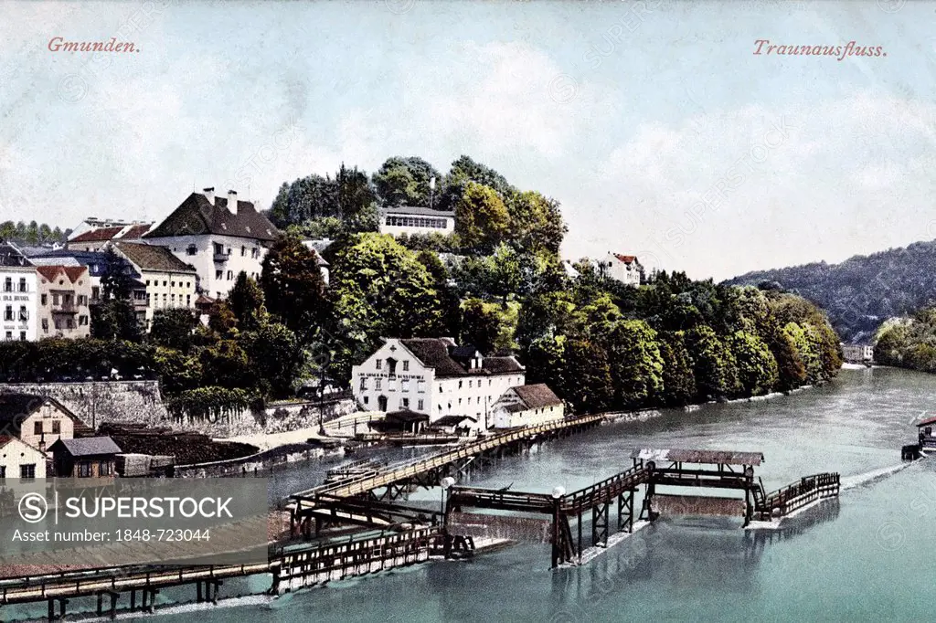 Traun river near Gmunden, Upper Austria, Austria, historical postcard, circa 1900