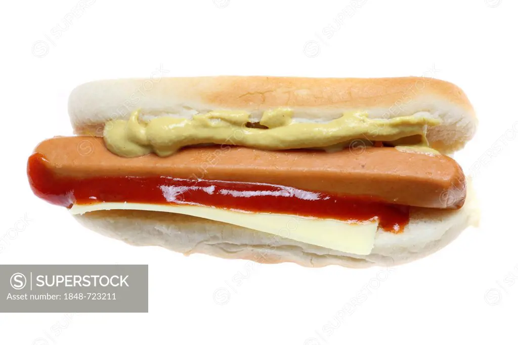 Fast food, pre-prepared hot dog from the refrigerator to reheat with ketchup and mustard
