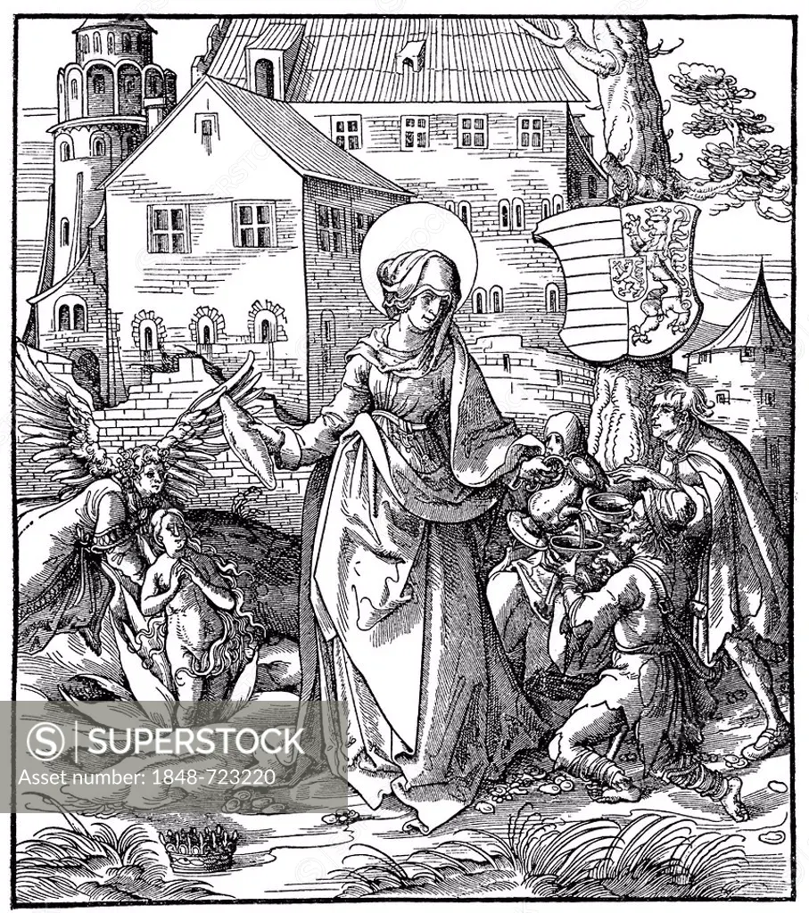 Historical illustration from the 19th century, Saint Elizabeth, by Hans Burgkmair the Elder, 1473 - 1531, a German painter, draftsman and engraver at ...