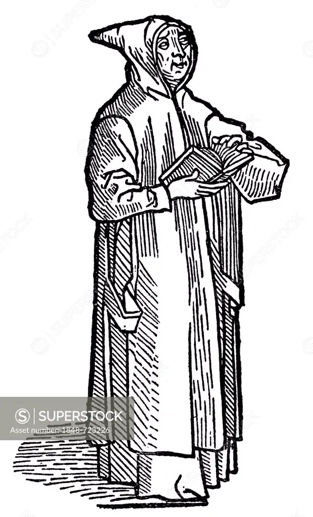 Capuchin monk, historical illustrtion from the 19th Century, after a woodcut from 1492