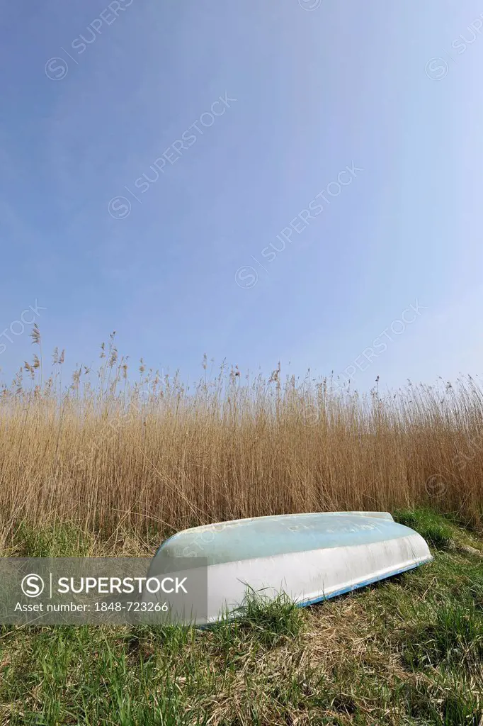 Small boat lying upside down on a surface made of reeds and grass under a blue sky, with space in the sky for text, Ruegen, Mecklenburg-Western Pomera...