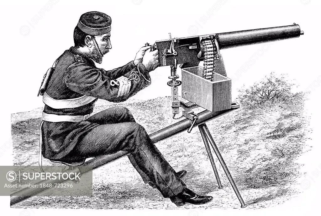 Historical illustration from the 19th Century, depiction of a French machine gun