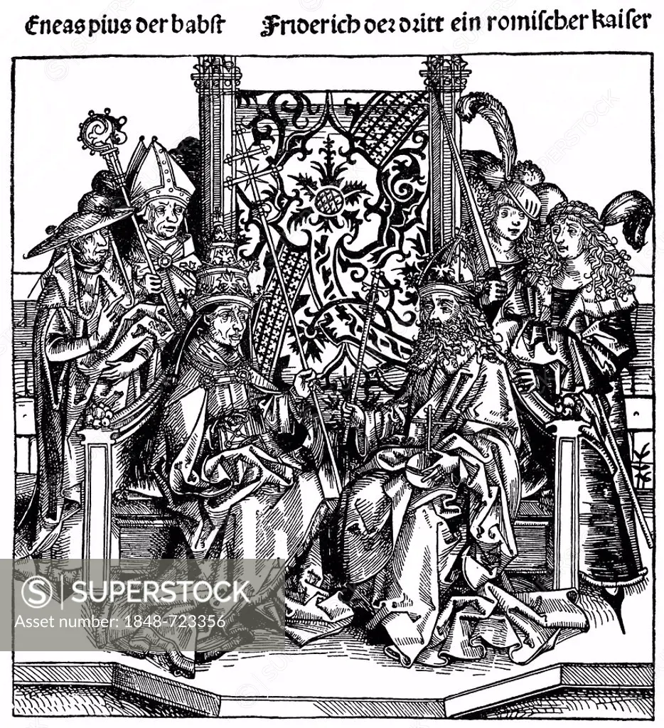 Historical illustration from the 19th Century, Pius II or Enea Silvio Piccolomini, 1405 - 1464, Pope of the Catholic Church and Frederick III, 1415 - ...