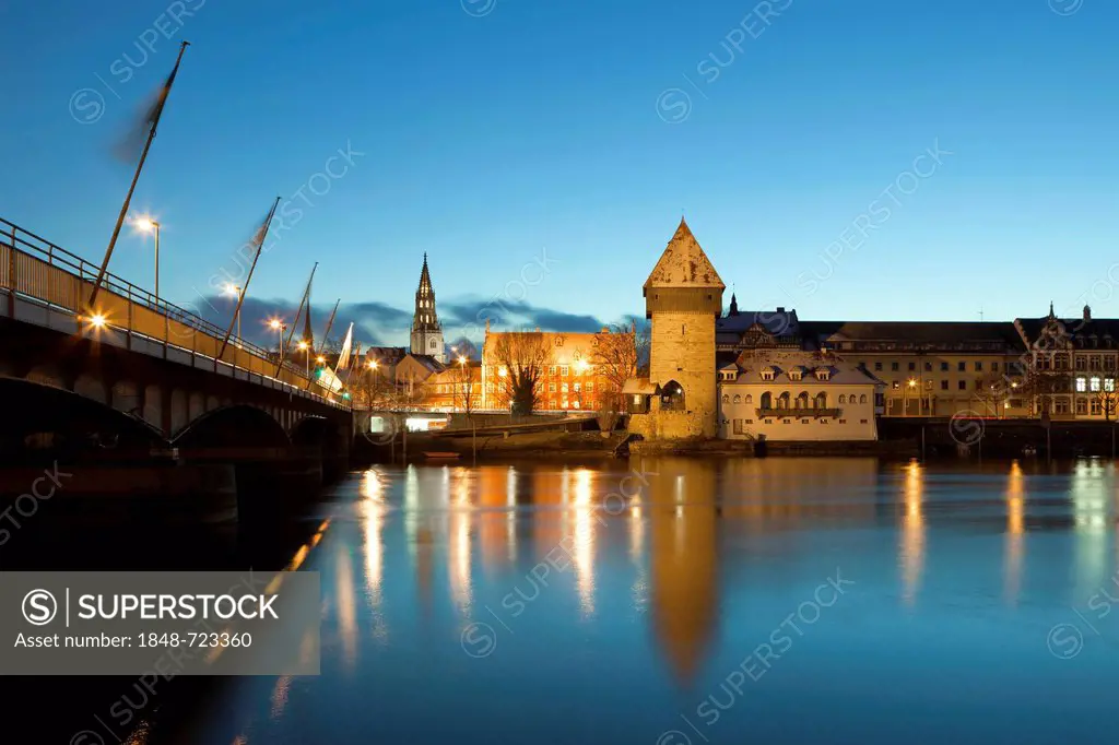 Konstanz or Constance at dusk with the old bridge over the Rhine, church and Rheintorturm tower, Lake Constance, Baden-Wuerttemberg, Germany, Europe