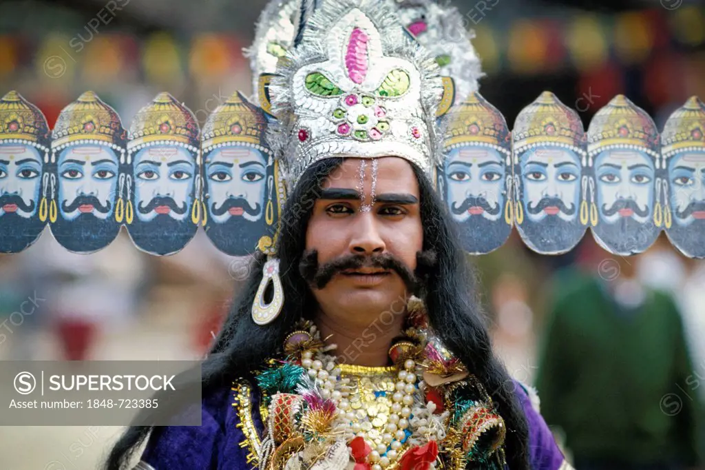 Man dressed as a demon, Ravana, king of the Rakshasas from the Ramayana epic, New Delhi, India, Asia