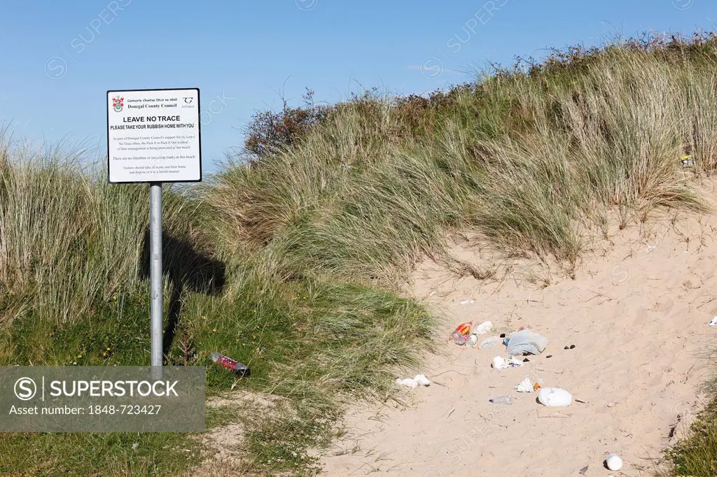 Waste on a sand dune with a notice board, Stroove, Inishowen Peninsula, County Donegal, Ireland, British Isles, Europe, PublicGround
