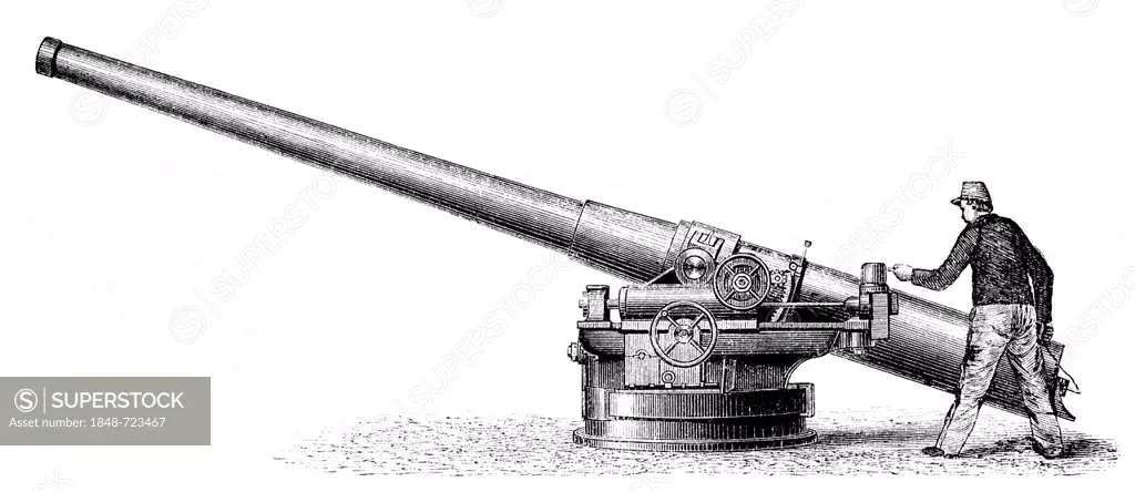 Historical illustration from the 19th century, depiction of a French rapid-fire cannon