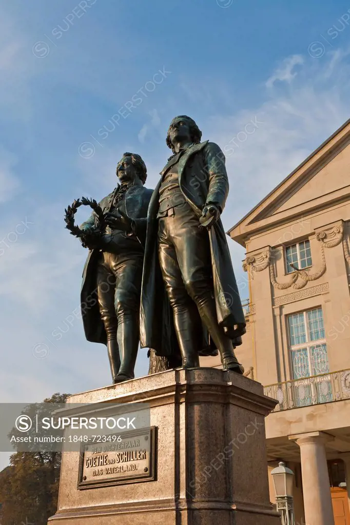 Deutsches Nationaltheater, German National Theater on Theaterplatz square, Goethe and Schiller monument in Weimar, Thuringia, Germany, Europe