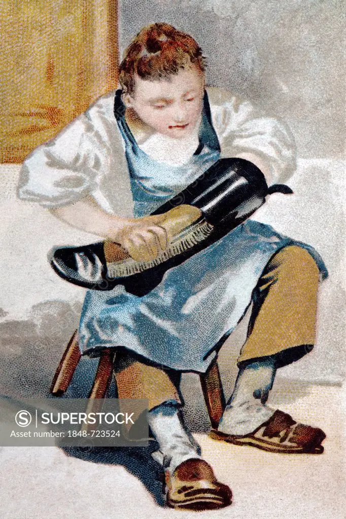 Boy polishing boots with a brush, historical postcard, lithography, circa 1900