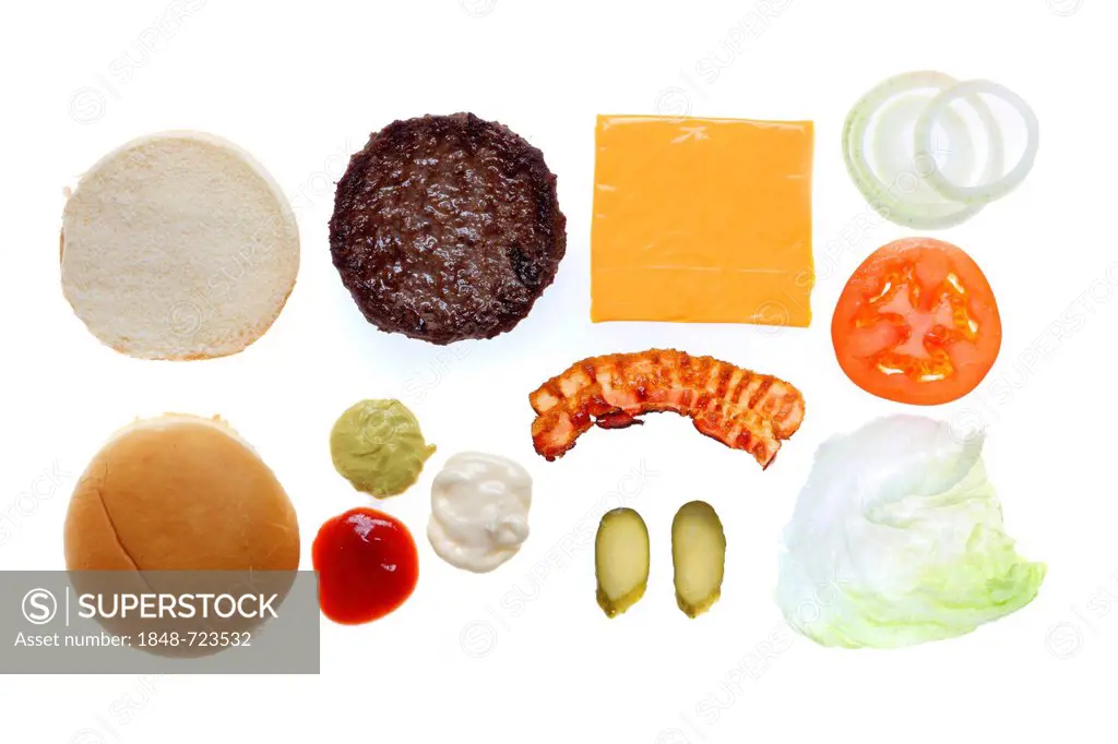 Fast food, ingredients for a hamburger with cheese and bacon